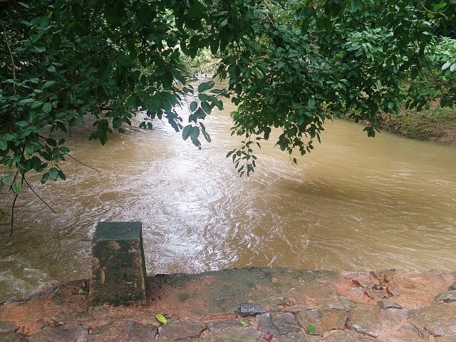 洪水で溢れそうな川