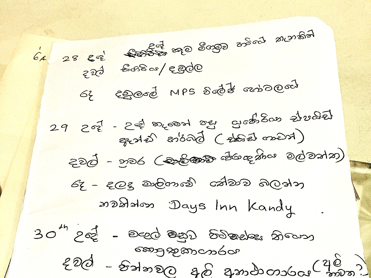シンハラ語で書かれた文字 スリランカ旅行の行程を友人がシンハラ語で書いてくれた この行程表をツーリストカーのドライバーに渡して 旅をする